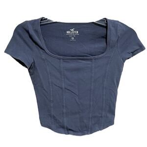 Y2K Hollister Womens Corset Seam Crop Baby Tee Size XS Blue Square Neck Preppy